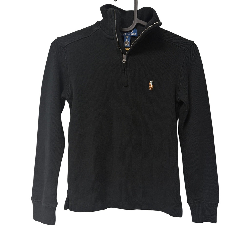 Polo Ralph Lauren Quarter Zip Kids S(8)‎ Black Ribbed Cotton Pony Logo Pullover